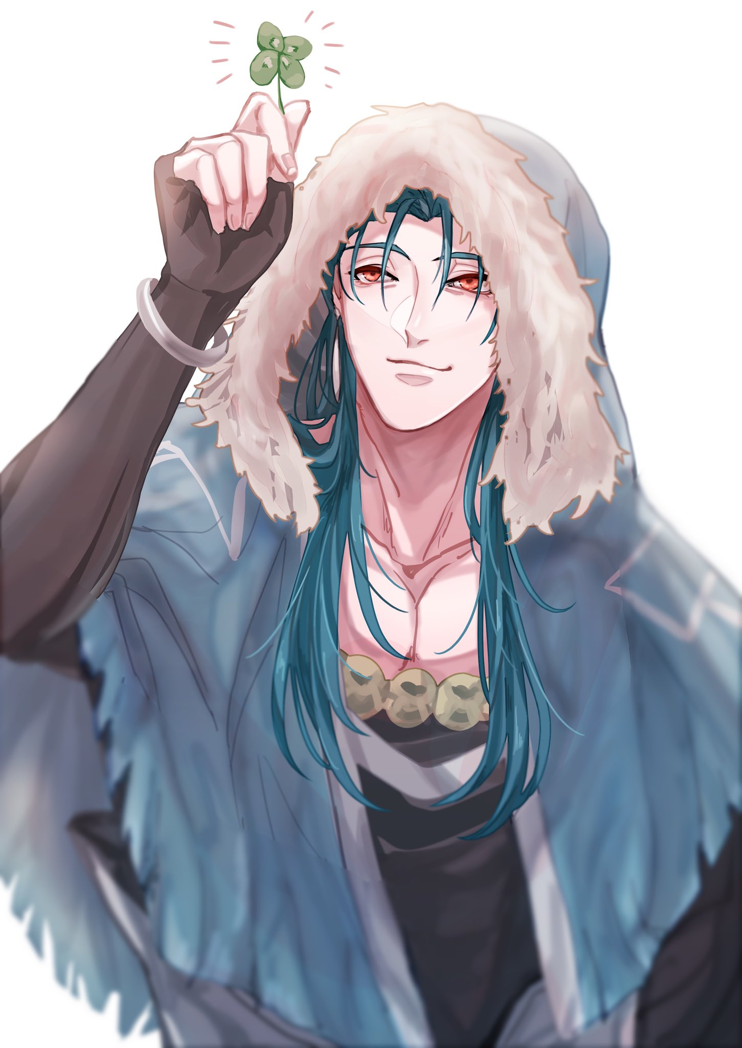 1boy blue_hair bracelet capelet clover cu_chulainn_(fate)_(all) cu_chulainn_(fate/grand_order) earrings fate/grand_order fate_(series) four-leaf_clover fur-trimmed_hood fur_trim highres holding hood hood_up hooded_capelet jewelry long_hair looking_up male_focus nova_(novalis4929) red_eyes simple_background skin_tight smile solo type-moon white_background