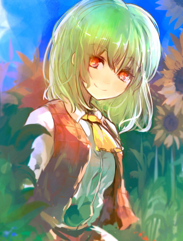 1girl ascot bangs breasts closed_mouth collared_shirt commentary_request day eyebrows_visible_through_hair flower green_hair kazami_yuuka leaf long_sleeves looking_at_viewer medium_breasts medium_hair open_clothes open_vest plaid plaid_skirt plaid_vest red_eyes shirt skirt skirt_set sky smile solo suisa sunflower touhou upper_body vest white_shirt yellow_neckwear