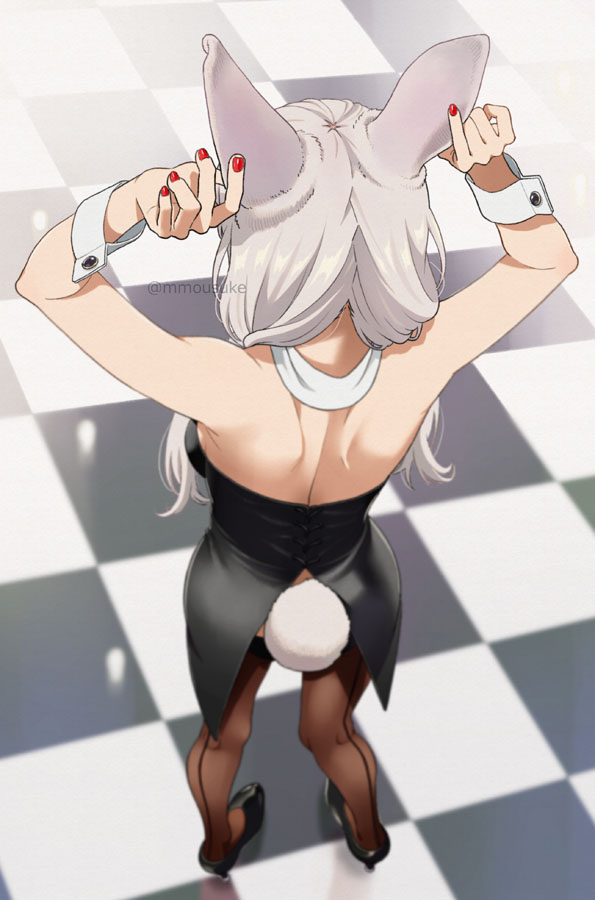 1girl animal_ears ass bare_shoulders breasts bunny_tail coattails fake_tail from_behind grey_hair hair_over_shoulder high_heels leotard long_hair low_twintails mattaku_mousuke original pantyhose playboy_bunny rabbit_ears red_nails shoulder_blades solo strapless strapless_leotard tail twintails wrist_cuffs