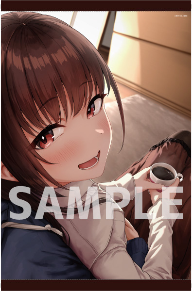 1girl aoi_tiduru black_legwear blurry blurry_background brown_hair coffee_mug cup english_text hands_on_lap head_tilt holding holding_cup long_hair looking_at_viewer mug open_mouth original red_eyes shirt sitting sitting_on_person steam teeth white_shirt