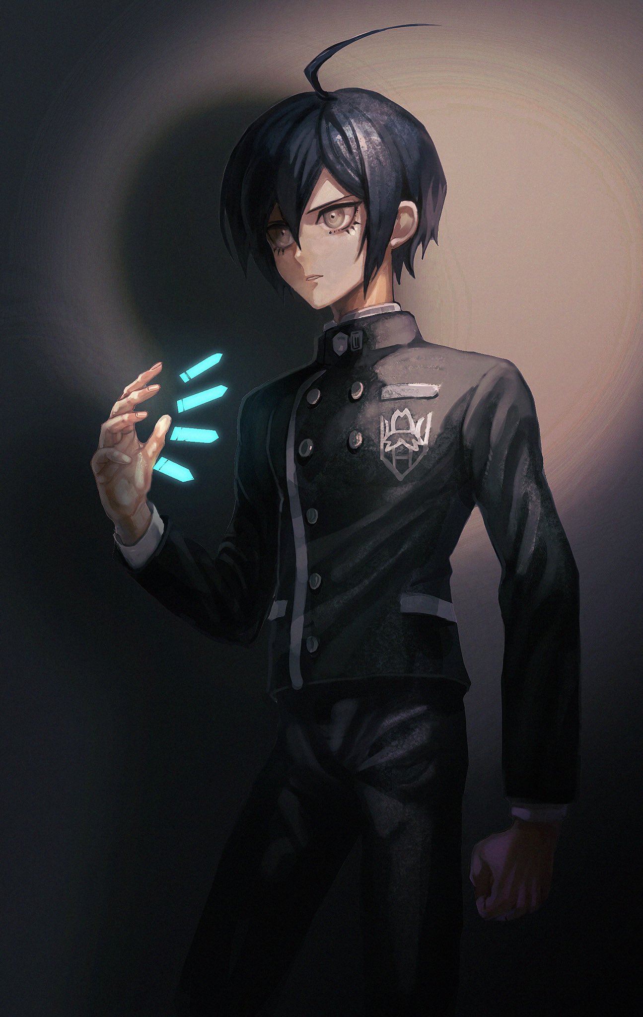 1boy ahoge bangs black_hair black_jacket black_pants brown_eyes bullet clenched_hand closed_mouth dangan_ronpa floating floating_object from_side hair_between_eyes hand_up highres jacket layered_sleeves long_sleeves looking_to_the_side male_focus new_dangan_ronpa_v3 pants saihara_shuuichi short_hair solo standing symbol_commentary visket53