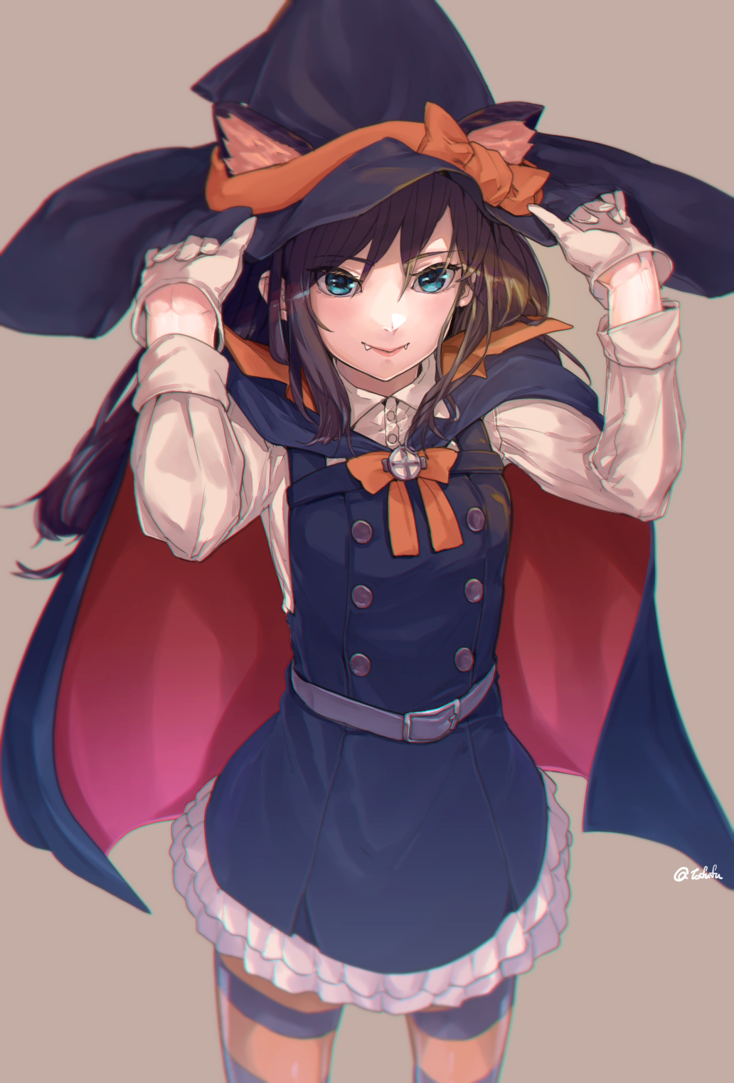 1girl adapted_costume animal_ears asashio_(kantai_collection) belt black_cape black_dress black_hair black_headwear blue_eyes cape cat_ears commentary_request cowboy_shot dress fang fuwafuwatoufu gloves grey_background halloween hat highres kantai_collection long_hair long_sleeves looking_at_viewer pinafore_dress remodel_(kantai_collection) shirt simple_background solo standing striped striped_legwear white_gloves white_shirt witch_hat