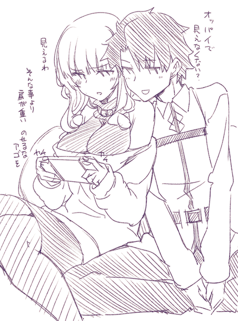 1boy 1girl bangs breasts carmilla_(fate/grand_order) chaldea_uniform contemporary curly_hair fate/grand_order fate_(series) fue_(rhomphair) fujimaru_ritsuka_(male) large_breasts lineart long_hair looking_at_viewer off-shoulder_sweater off_shoulder short_hair sitting skirt smile spiky_hair sweater translation_request