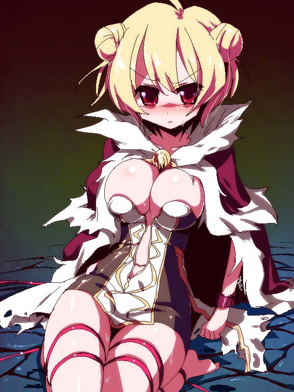 1girl ahoge bangs barefoot blonde_hair blush breasts brooch brown_dress cape collarbone commentary_request double_bun dress eyebrows_visible_through_hair eyes_visible_through_hair full_body fur-trimmed_cape fur_trim hair_between_eyes high_wizard_(ragnarok_online) jewelry katheryne_keyron large_breasts looking_at_viewer miuku_(marine_sapphire) navel nose_blush pixel_art ragnarok_online red_cape seiza shiny shiny_skin short_dress short_hair sitting solo sweat tearing_up thigh_strap two-tone_dress white_dress