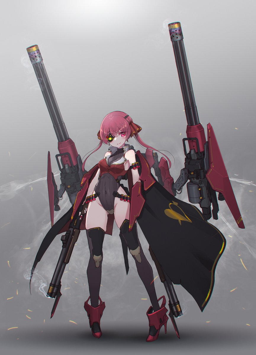 1girl bayonet breasts cape collar commentary_request covered_navel dual_wielding eyepatch firearm gun hair_ribbon heart high_heels highres holding hololive houshou_marine leotard long_hair mecha_musume medium_breasts oota_youjo red_eyes red_footwear red_ribbon redhead ribbon rifle smile smoke solo twintails virtual_youtuber weapon