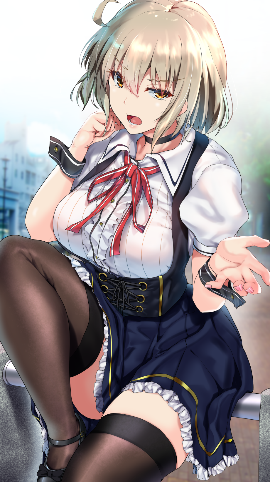 1girl ahoge bangs black_legwear blue_skirt blush breasts contemporary fate_(series) highres jeanne_d'arc_(alter)_(fate) jeanne_d'arc_(fate)_(all) large_breasts looking_at_viewer nonohachi open_mouth shirt short_hair short_sleeves silver_hair skirt thigh-highs white_shirt yellow_eyes