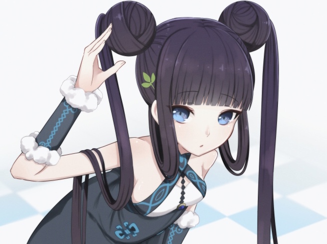 1girl bangs bare_shoulders black_dress blue_eyes blunt_bangs breasts checkered checkered_floor china_dress chinese_clothes detached_sleeves double_bun dress fate/grand_order fate_(series) hair_ornament leaf_hair_ornament leaning_forward long_hair looking_at_viewer medium_breasts open_mouth purple_hair sato_(r017xts117) sidelocks twintails very_long_hair yang_guifei_(fate/grand_order)