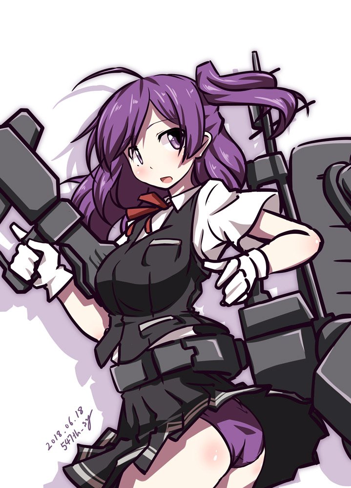 1girl 547th_sy ahoge ass black_skirt black_vest dated dress_shirt gloves hagikaze_(kantai_collection) kantai_collection long_hair looking_at_viewer machinery neck_ribbon one_side_up panties pleated_skirt purple_hair purple_panties red_ribbon ribbon shirt simple_background skirt solo twitter_username underwear vest violet_eyes white_background white_gloves white_shirt