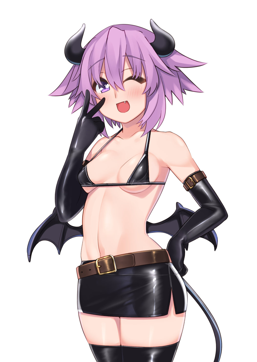 1girl ;d alternate_costume bare_shoulders black_bra black_gloves black_legwear black_skirt blush bra breasts cowboy_shot demon_horns demon_tail demon_wings dura elbow_gloves fang gloves hair_between_eyes halloween halloween_costume hand_on_hip highres horns looking_at_viewer midriff miniskirt navel neptune_(neptune_series) neptune_(series) one_eye_closed open_mouth purple_hair revealing_clothes short_hair simple_background skirt small_breasts smile solo tail thigh-highs underwear v_over_eye violet_eyes white_background wings