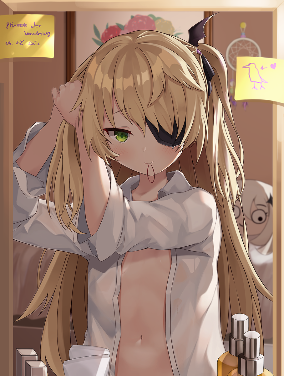 1girl bangs bed bird blonde_hair blush closed_mouth commentary contemporary crow cushion drawing eyepatch fischl_(genshin_impact) genshin_impact german_text green_eyes hair_between_eyes hair_ribbon hair_tie_in_mouth heart highres long_hair looking_at_viewer mirror mirror_image mouth_hold naked_shirt navel no_bra note open_clothes open_shirt ribbon shirt sira_(user_dswn7488) tying_hair white_shirt