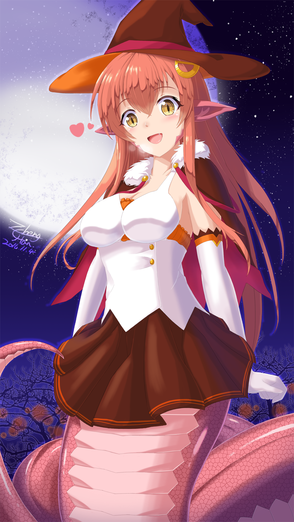 1girl :d blush breasts collarbone dated elbow_gloves fang full_moon fur_trim gloves hair_between_eyes hair_ornament hairclip halloween halloween_costume highres lamia long_hair miia_(monster_musume) monster_girl monster_musume_no_iru_nichijou moon open_mouth pointy_ears redhead scales sidelocks skirt smile solo tail witch witch_costume yellow_eyes z_-_chcrghan