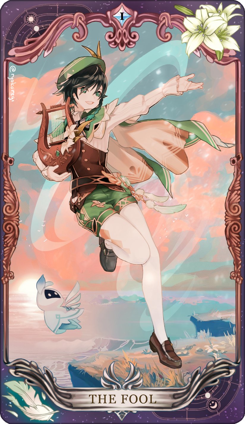 1boy bard black_hair blue_eyes blue_hair blush braid cape cliff clouds cloudy_sky feathers flower frame genshin_impact gradient_hair green_headwear hat highres long_sleeves lyre male_focus multicolored_hair ocean open_mouth otoko_no_ko pixie ryokoregi shoes shorts sky smile solo tarot the_fool_(tarot_card) thigh-highs twin_braids venti_(genshin_impact) vision_(genshin_impact) white_flower white_legwear