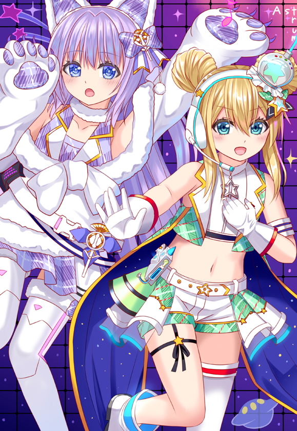 2girls :d albacore_(azur_lane) arms_up azur_lane bangs blonde_hair blue_eyes blush boots commentary crop_top double_bun eyebrows_visible_through_hair fur-trimmed_legwear fur_trim green_eyes green_vest hair_between_eyes headphones headset looking_at_viewer midriff multiple_girls navel open_clothes open_mouth open_vest plaid plaid_shirt plaid_skirt plaid_vest pleated_skirt purple_hair purple_shirt purple_skirt shirt short_shorts shorts sidelocks single_thighhigh skirt sleeveless sleeveless_shirt smile standing standing_on_one_leg star_(symbol) symbol_commentary tashkent_(azur_lane) thigh-highs tukino_neru vest white_footwear white_legwear white_shirt white_shorts