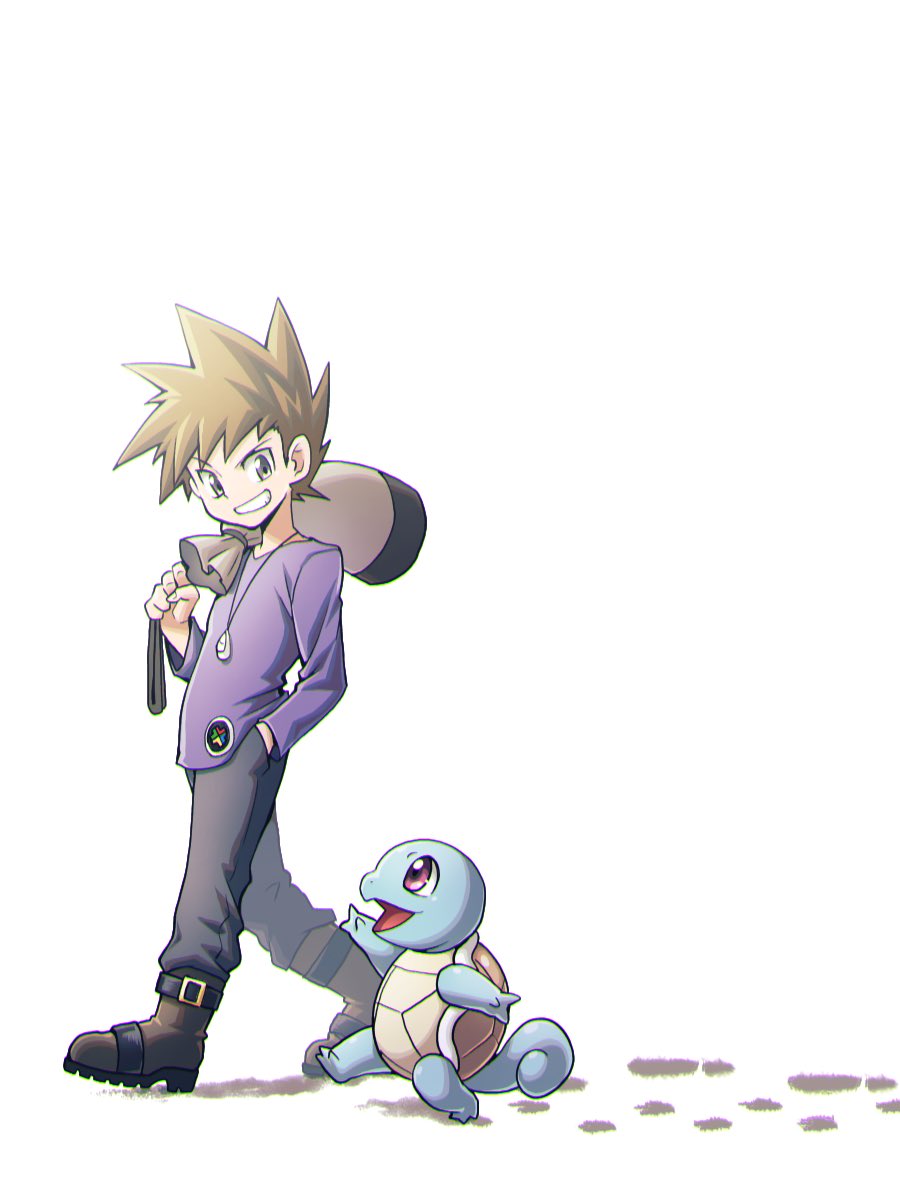 1boy bangs blue_oak boot_straps boots brown_eyes brown_footwear brown_hair commentary_request gen_1_pokemon grey_pants grin hand_in_pocket highres holding jewelry long_shirt long_sleeves looking_down male_focus nagi_(exsit00) necklace pants pants_tucked_in pokemon pokemon_(creature) pokemon_(game) pokemon_rgby purple_shirt sack shirt short_hair smile spiky_hair squirtle standing teeth