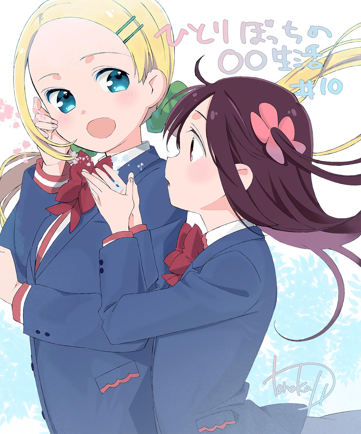 2girls :d artist_name blazer blonde_hair blue_jacket blush bow bowtie brown_hair collared_shirt commentary_request copyright_name episode_number floating_hair flower forehead from_side green_eyes hair_flower hair_ornament hairclip hand_on_own_cheek hand_up highres hitori_bocchi hitoribocchi_no_marumaru_seikatsu jacket looking_at_another looking_at_viewer multiple_girls number open_mouth pink_flower red_bow red_eyes school_uniform shiny shiny_hair shirt side_ponytail signature smile sotoka_rakita tanaka_kii upper_body white_shirt