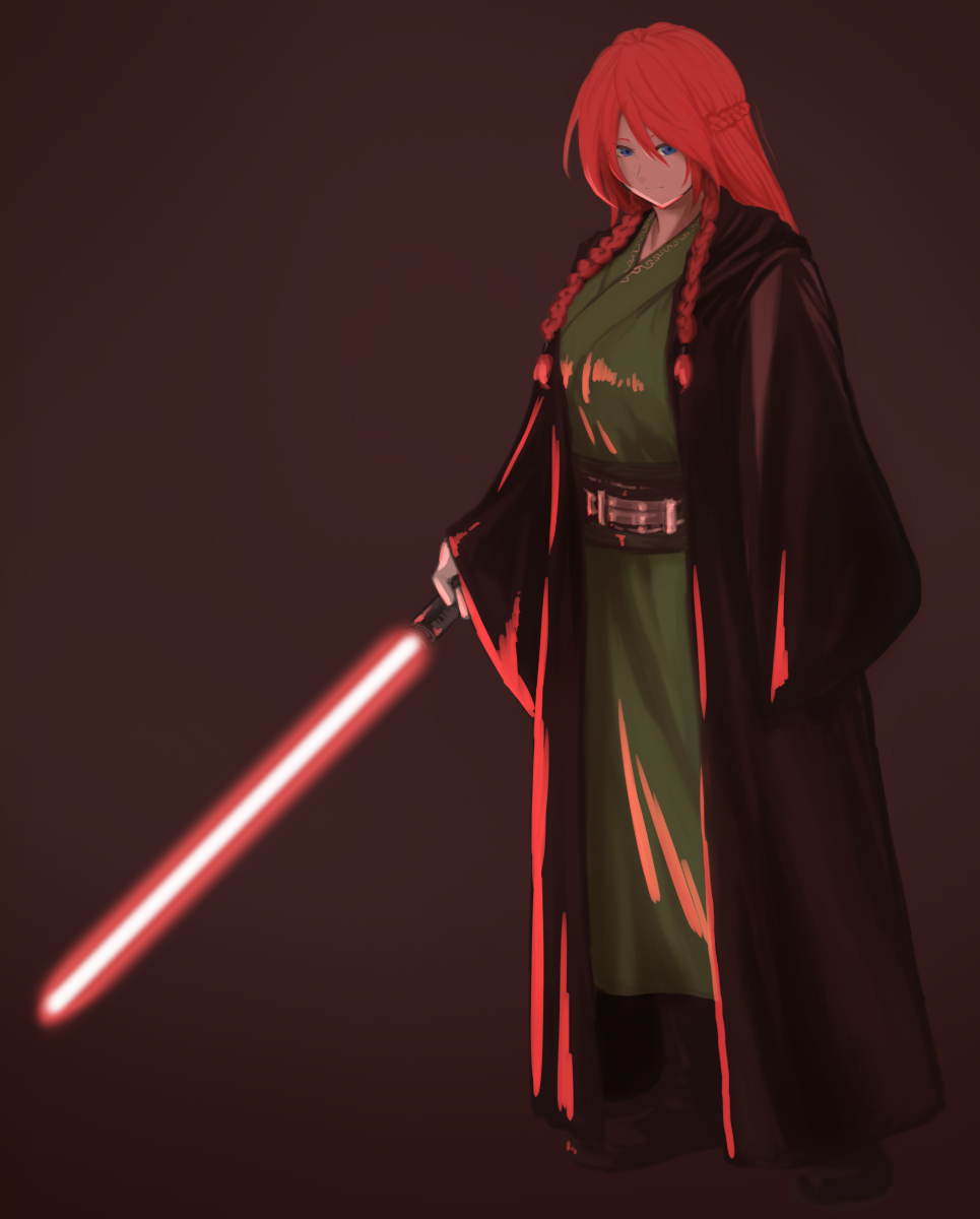 1girl belt blue_eyes braid energy_sword highres hong_meiling jedi koyubi_(littlefinger1988) lightsaber long_hair redhead robe solo star_wars sword touhou twin_braids weapon