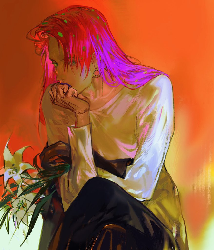 1boy diavolo earrings flower green_eyes head_rest jewelry jojo_no_kimyou_na_bouken long_hair long_sleeves pink_hair polka_dot_hair shirt sitting solo torihino1 vento_aureo white_flower white_shirt