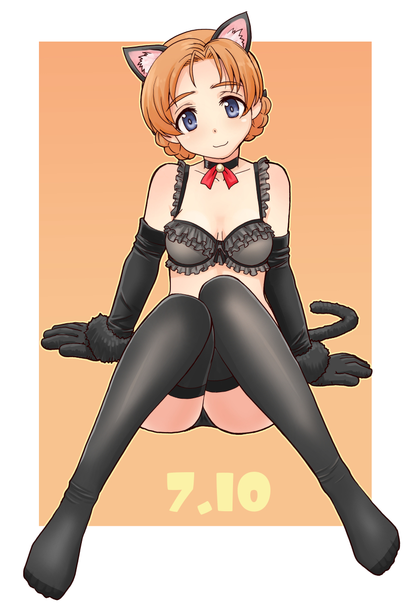 1girl animal_ear_fluff animal_ears arm_support bangs black_bra black_choker black_legwear black_panties black_ribbon blue_eyes bow bow_bra bow_choker bra braid breasts cat_ears cat_tail choker closed_mouth commentary dated elbow_gloves fake_animal_ears fake_tail frilled_bra frills full_body girls_und_panzer gloves hair_ribbon head_tilt highres lingerie looking_at_viewer open_mouth orange_background orange_hair orange_pekoe_(girls_und_panzer) panties parted_bangs paw_gloves paws ribbon short_hair sitting small_breasts smile solo tail thigh-highs tied_hair twin_braids underwear underwear_only uona_telepin