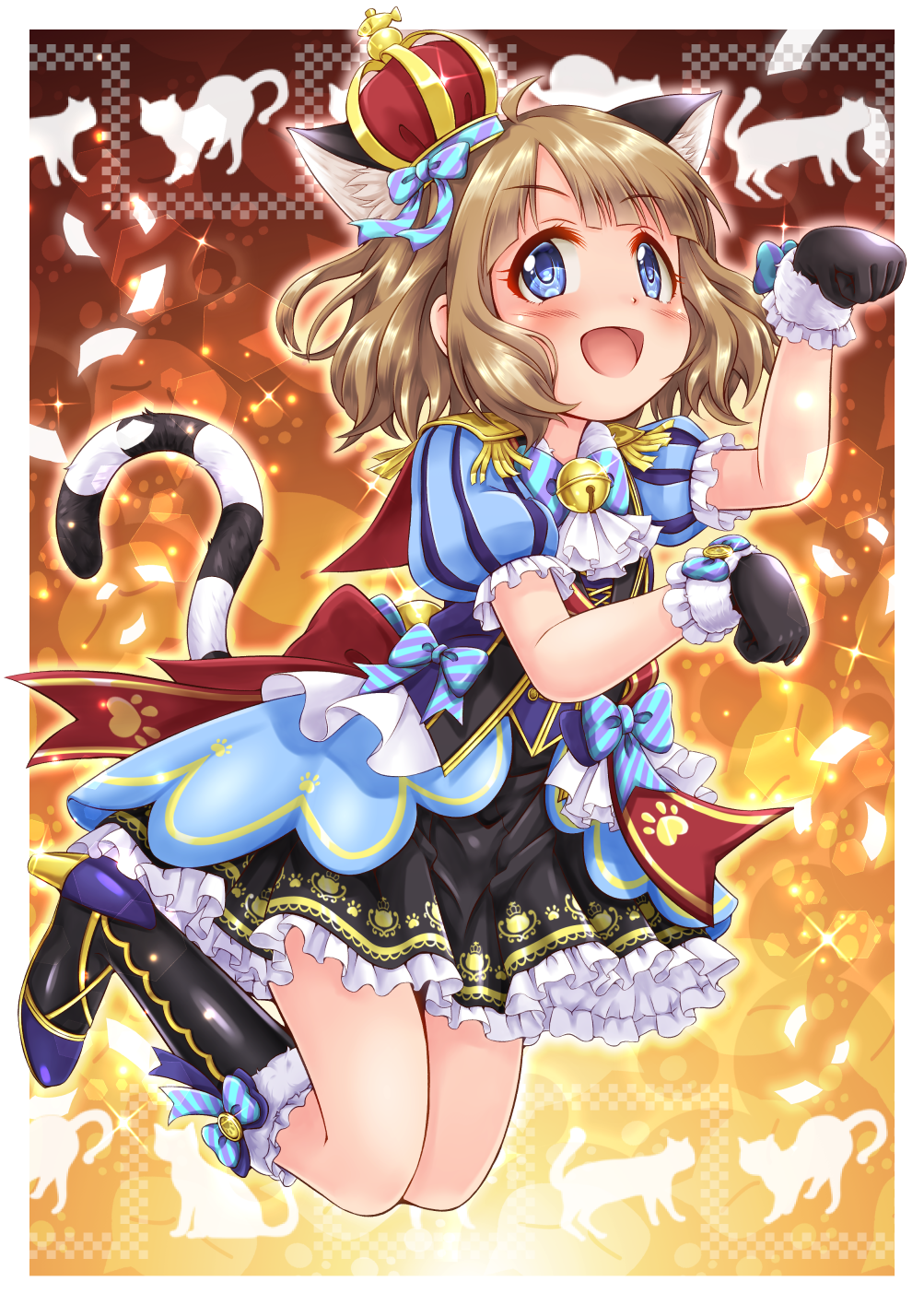 1girl :d animal_ear_fluff animal_ears ascot bangs bell black_dress black_footwear black_gloves blue_bow blue_eyes blush boots bow brown_hair cat_ears cat_girl cat_tail commentary_request crown diagonal_stripes dress eyebrows_visible_through_hair frilled_dress frilled_sleeves frills full_body fur-trimmed_boots fur-trimmed_gloves fur_trim gloves hands_up highres idolmaster idolmaster_million_live! idolmaster_million_live!_theater_days jingle_bell knee_boots mini_crown open_mouth paw_pose pleated_dress puffy_short_sleeves puffy_sleeves regular_mow short_sleeves smile solo striped striped_bow striped_tail suou_momoko tail tail_raised tilted_headwear white_neckwear