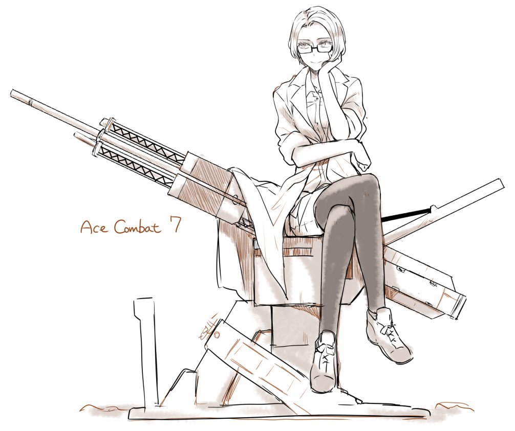 1girl ace_combat ace_combat_7 cannon coat commentary commentary_request copyright_name crossed_legs deanna_mconie full_body glasses looking_to_the_side pantyhose shoes simple_background sitting smile sneakers solo stonehenge_turret_network tokusa_riko weapon