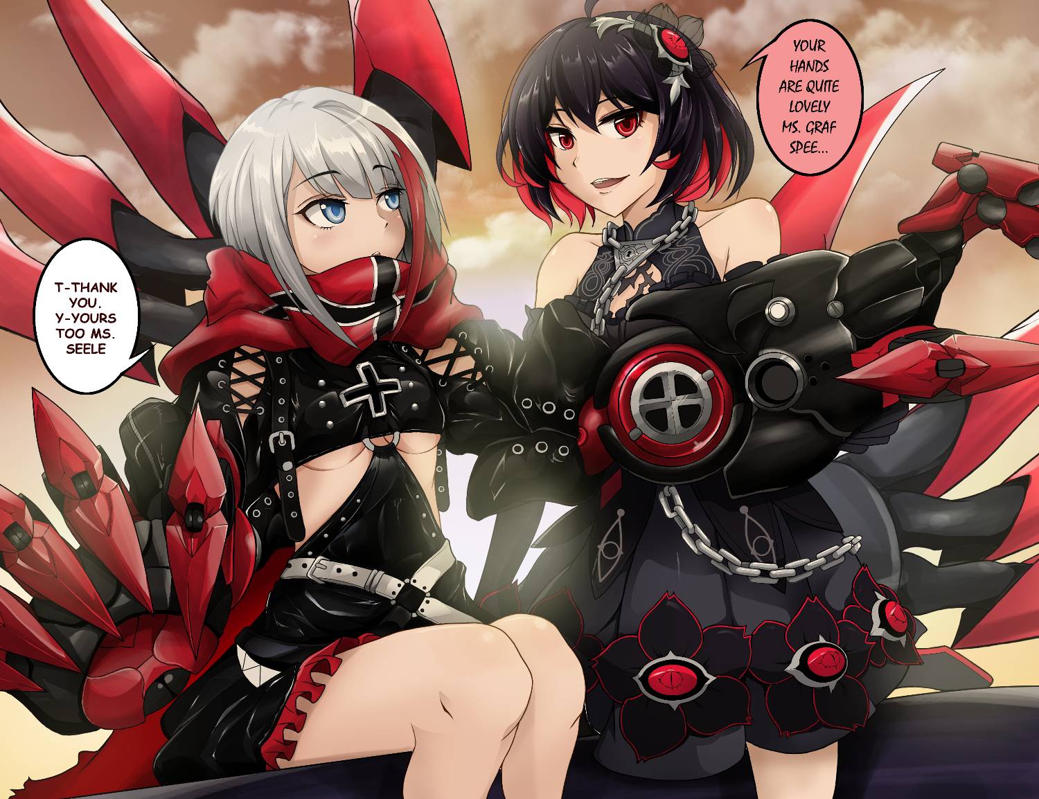 2girls admiral_graf_spee_(azur_lane) azule-iro azur_lane belt black_dress black_hair clothing_cutout clouds cloudy_sky color_connection commentary dress english_commentary eyebrows_visible_through_hair highlights honkai_(series) honkai_impact_3rd iron_cross light_blue_eyes mechanical_hands multicolored_hair multiple_girls red_eyes red_scarf redhead scarf seele_(alter_ego) seele_vollerei short_hair sky streaked_hair sunset trait_connection two-tone_hair underboob_cutout white_belt white_hair