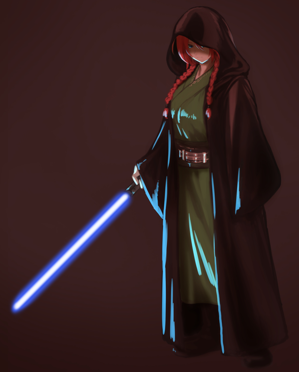 1girl belt blue_eyes braid energy_sword highres hong_meiling jedi koyubi_(littlefinger1988) lightsaber long_hair redhead robe solo star_wars sword touhou twin_braids weapon