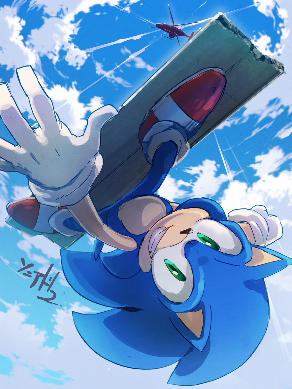 1boy aircraft animal_nose blue_sky clouds falling furry gloves green_eyes grin helicopter highres looking_at_viewer male_focus msg01 red_footwear shoes sky smile sneakers solo sonic sonic_adventure_2 sonic_the_hedgehog upside-down white_gloves