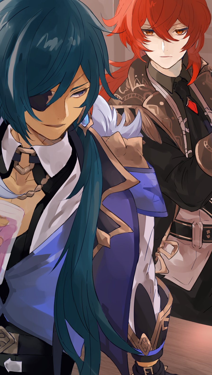 2boys black_neckwear blue_eyes blue_hair cup dark_skin diluc_(genshin_impact) eyepatch fur_trim genshin_impact hair_between_eyes highres holding holding_cup jacket kaeya_(genshin_impact) long_hair long_sleeves male_focus multiple_boys necktie open_mouth penyo1989 ponytail red_eyes redhead