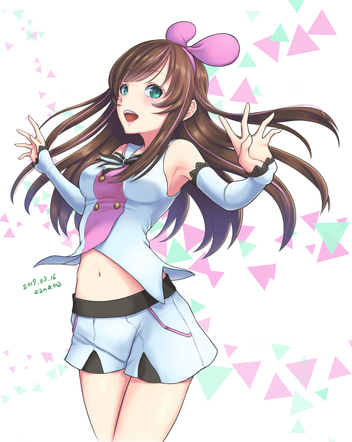 1girl 2019 :d armpits breasts brown_hair cowboy_shot dated detached_sleeves floating_hair green_eyes hairband highlights hitohada_mahiko kizuna_ai kizuna_ai_inc. long_hair long_sleeves medium_breasts midriff multicolored_hair navel open_mouth pink_hair pink_hairband shiny shiny_hair short_shorts shorts smile solo standing stomach striped striped_neckwear very_long_hair virtual_youtuber white_shorts white_sleeves