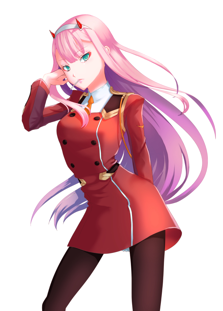1girl arm_behind_back brown_legwear candy contrapposto darling_in_the_franxx dress floating_hair food green_eyes hairband hitohada_mahiko horns lollipop long_hair long_sleeves looking_at_viewer makeup mascara military military_uniform mouth_hold necktie orange_neckwear pantyhose pink_hair red_dress shiny shiny_hair short_dress short_necktie simple_background solo standing uniform very_long_hair white_background white_hairband zero_two_(darling_in_the_franxx)