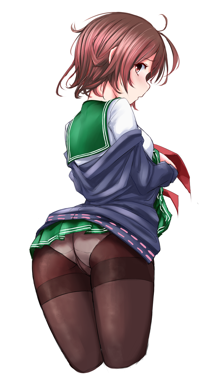 1girl ass black_legwear blue_jacket blush brown_hair commentary_request cowboy_shot from_behind gradient_hair green_sailor_collar green_skirt highres jacket kantai_collection knck looking_at_viewer multicolored_hair mutsuki_(kantai_collection) neckerchief panties panties_under_pantyhose pantyhose red_neckwear redhead remodel_(kantai_collection) sailor_collar school_uniform serafuku short_hair simple_background skirt solo thighband_pantyhose underwear white_background white_panties