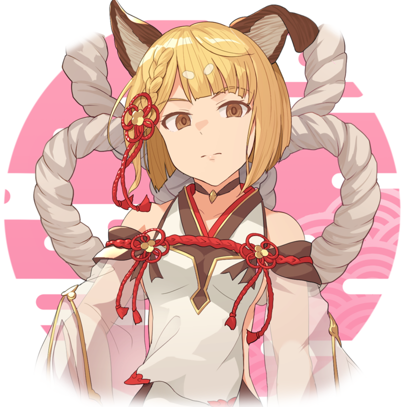1girl animal_ears blonde_hair braid breasts brown_eyes detached_sleeves dog_ears granblue_fantasy hinami_(hinatamizu) looking_at_viewer pink_background rope short_hair simple_background small_breasts solo two-tone_background upper_body vajra_(granblue_fantasy) white_background