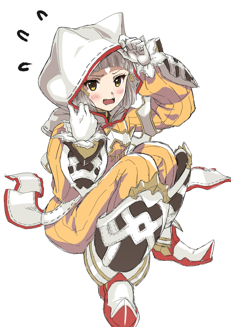 1girl animal_ears bangs blunt_bangs blush bodysuit breasts cat_ears facial_mark full_body gloves hood hood_up nia_(xenoblade) open_mouth short_hair silver_hair simple_background small_breasts solo white_background white_gloves xenoblade_chronicles_(series) xenoblade_chronicles_2 yellow_bodysuit yellow_eyes yuuuun0218