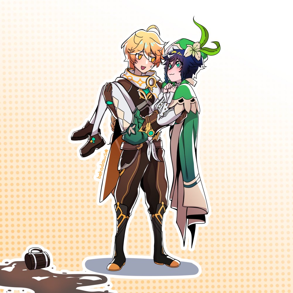 2boys aether_(genshin_impact) ahoge bangs beksdraws black_hair blonde_hair blue_eyes blue_hair braid cape carrying coffee cup eyebrows_visible_through_hair feathers flower genshin_impact gloves gradient_hair green_headwear hair_between_eyes hair_flower hair_ornament hat leaf long_hair long_sleeves looking_at_another looking_at_viewer male_focus multicolored_hair multiple_boys open_mouth otoko_no_ko princess_carry scarf shoes shorts simple_background smile spill sweat sweatdrop thigh-highs twin_braids venti_(genshin_impact) vision_(genshin_impact) white_legwear yellow_eyes