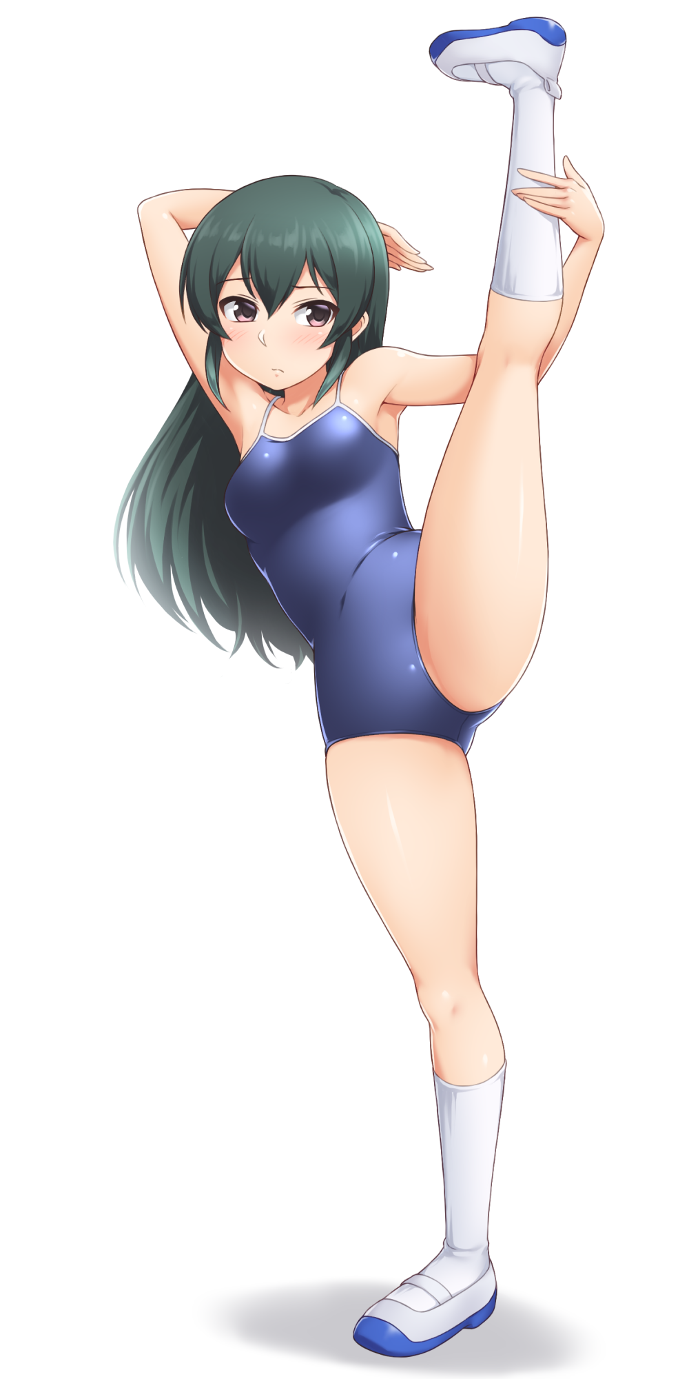 1girl black_hair breasts brown_eyes commentary_request competition_school_swimsuit full_body highres idolmaster idolmaster_cinderella_girls kneepits long_hair looking_at_viewer ooishi_izumi pataneet school_swimsuit simple_background small_breasts solo split standing standing_on_one_leg standing_split swimsuit white_background white_legwear