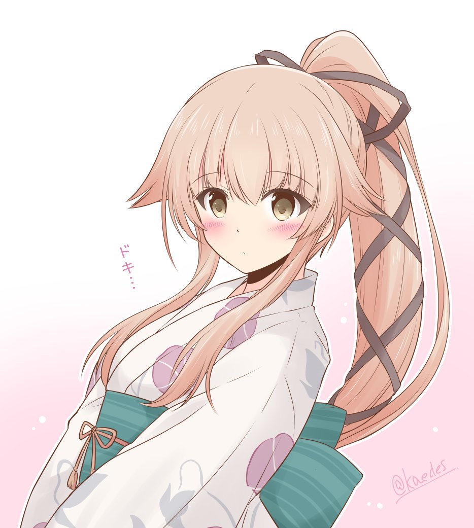 1girl brown_eyes commentary_request floral_print hair_flaps hair_ribbon icesherbet japanese_clothes kantai_collection kimono long_hair looking_at_viewer pink_hair ponytail ribbon solo translation_request upper_body v_arms very_long_hair white_kimono yura_(kantai_collection)