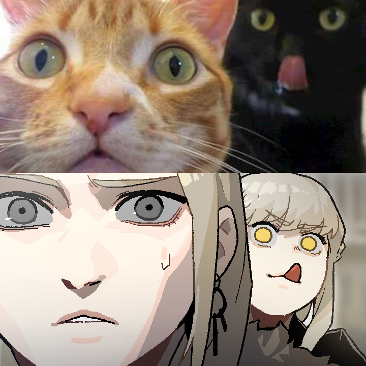 2girls :q earrings gogalking grey_eyes grey_hair jewelry junior_(gogalking) leonir_(gogalking) licking_lips looking_at_viewer multiple_girls original parted_lips photo-referenced reference_photo sweatdrop tongue tongue_out wide-eyed yellow_eyes
