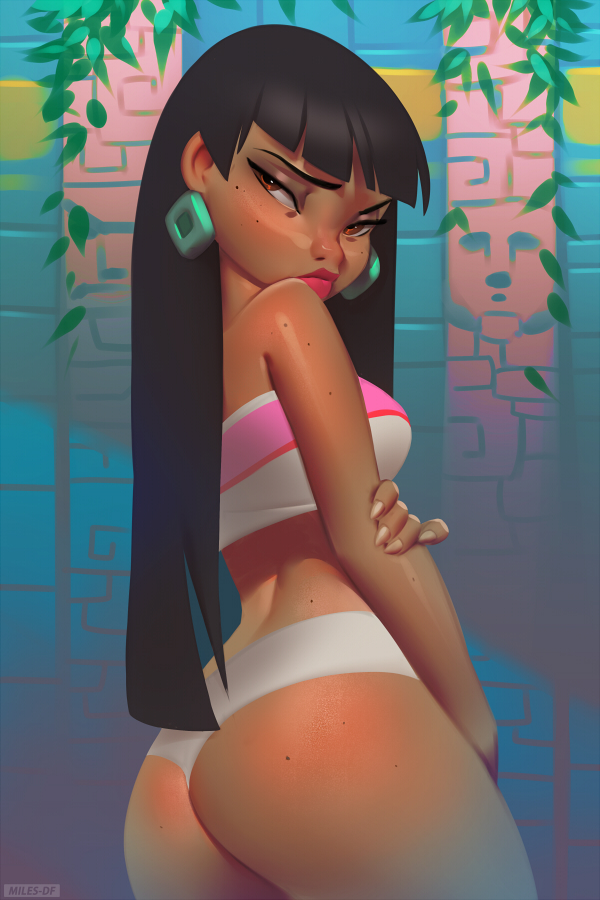 1girl artist_name ass bandeau bangs bare_shoulders black_hair blunt_bangs breasts brown_eyes chel_(the_road_to_el_dorado) commentary curvy dark_skin earrings english_commentary from_behind half-closed_eyes hieroglyphics jewelry leaf lips long_hair looking_at_viewer looking_back midriff miles-df reward_available shoulders solo standing tan the_road_to_el_dorado thick_thighs thighs very_long_hair
