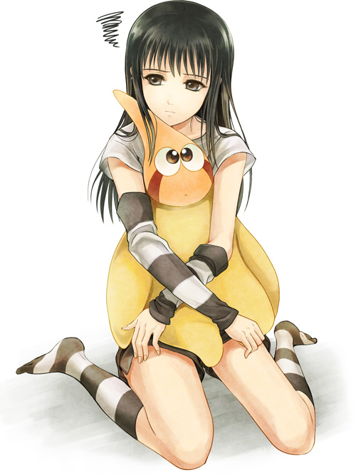 1boy 369akuru arm_warmers black_eyes black_hair full_body hoshimaru kneehighs koga_norio long_hair narutaru otoko_no_ko short_sleeves shorts sitting striped striped_legwear white_background