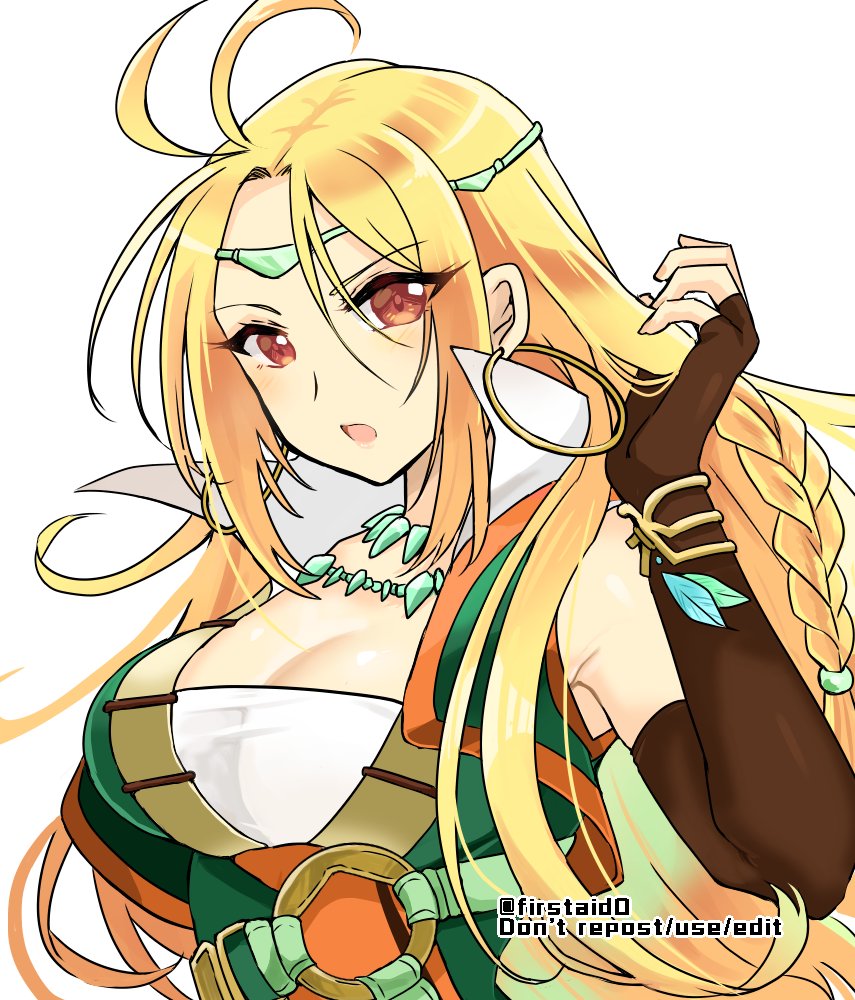 1girl blonde_hair braid breasts brown_eyes circlet earrings elbow_gloves fingerless_gloves fire_emblem fire_emblem:_genealogy_of_the_holy_war fire_emblem_heroes gloves hoop_earrings jewelry large_breasts long_hair looking_at_viewer necklace open_mouth ullr_(fire_emblem) yukia_(firstaid0)