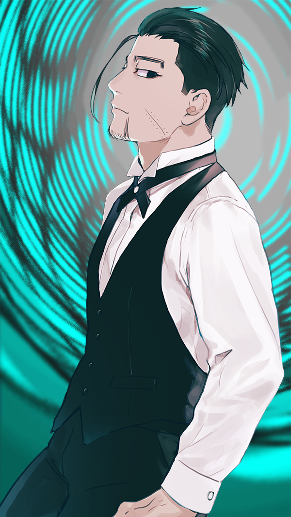 1boy black_eyes black_hair black_vest butler closed_mouth facial_hair facial_scar from_side goatee golden_kamuy hair_strand isa_(peien516) long_sleeves looking_at_viewer looking_to_the_side male_focus ogata_hyakunosuke scar scar_on_cheek shirt short_hair simple_background solo vest white_shirt