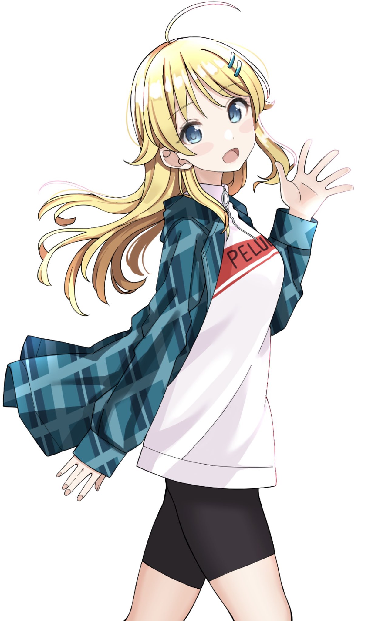 1girl :d ahoge bangs bike_shorts black_shorts blonde_hair blue_eyes blue_jacket blush_stickers breasts commentary_request eyebrows_visible_through_hair hachimiya_meguru hair_ornament hairclip hand_up highres idolmaster idolmaster_shiny_colors jacket long_hair long_sleeves looking_at_viewer looking_to_the_side open_clothes open_jacket open_mouth plaid_jacket shirt shiwa_(siwaa0419) short_shorts shorts simple_background small_breasts smile solo unmoving_pattern white_background white_shirt