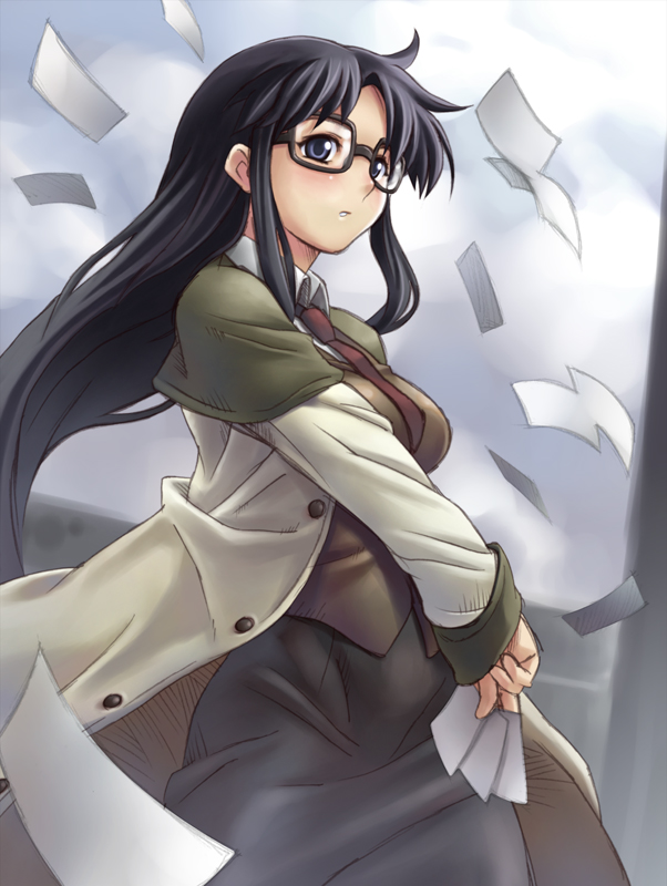 blue_eyes coat flying_paper glasses jumpei long_hair messy_hair necktie paper read_or_die yomiko_readman