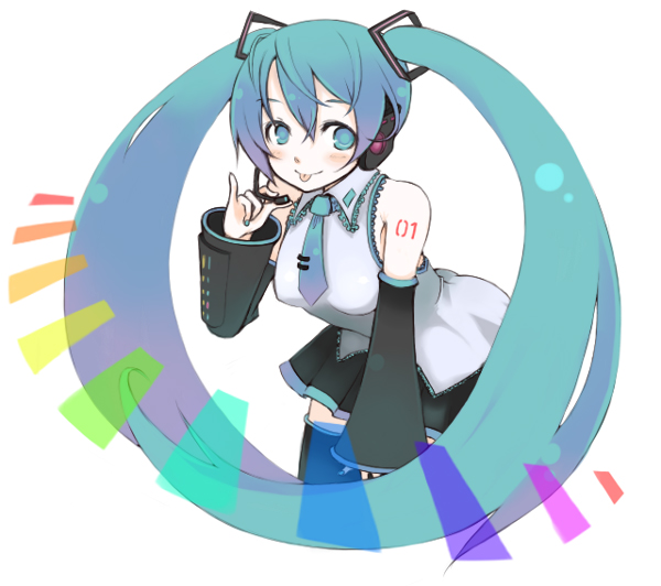 blue_eyes blue_hair detached_sleeves hatsune_miku long_hair necktie oza_watto thighhighs tongue twintails vocaloid