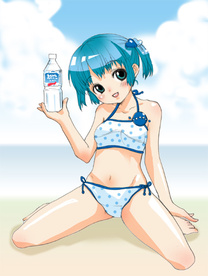 beach bikini blue_hair blush bottle calpis calpis-tan green_eyes happy inuburo kneeling midriff mizutama polka_dot short_hair side-tie_bikini sitting swimsuit twintails wariza water_bottle waterbottle