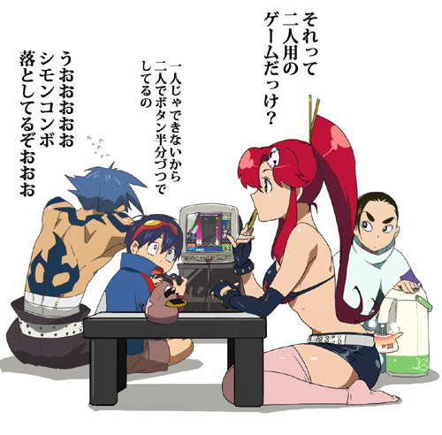 blue_hair kamina lowres nam namboku nanboku playing ponytail red_hair redhead rossiu sarashi simon sitting table tattoo television tengen_toppa_gurren_lagann thigh-highs thighhighs translated translation_request video_game video_games yoko_littner yoko_ritona