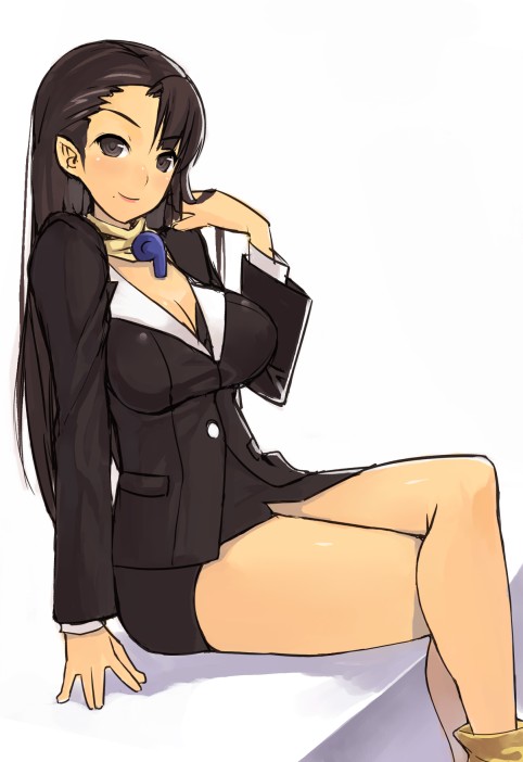 1girl adjusting_hair ayasato_chihiro black_eyes black_hair breasts cleavage crossed_legs formal gyakuten_saiban legs legs_crossed long_hair magatama nagase_haruhito sitting skirt_suit smile solo suit