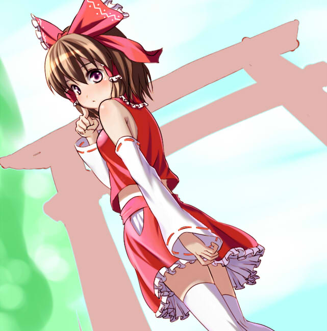 bad_id bare_shoulders blush bow brown_hair detached_sleeves dutch_angle finger_to_face frills from_below hair_bow hakurei_reimu japanese_clothes jpeg_artifacts ket-c looking_at_viewer looking_back miko pink_eyes short_hair standing thighhighs torii touhou white_legwear zettai_ryouiki