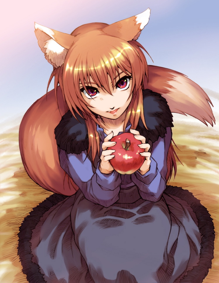 apple apples brown_hair fang food fruit hisahiko holding holding_fruit holo long_hair red_eyes spice_and_wolf tail wolf_ears