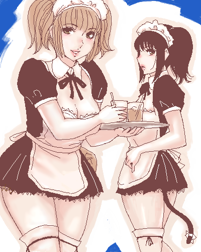 breasts cleavage drinking_glass lowres matoyama monochrome oekaki pink straw tail thighhighs thighs twintails waitress